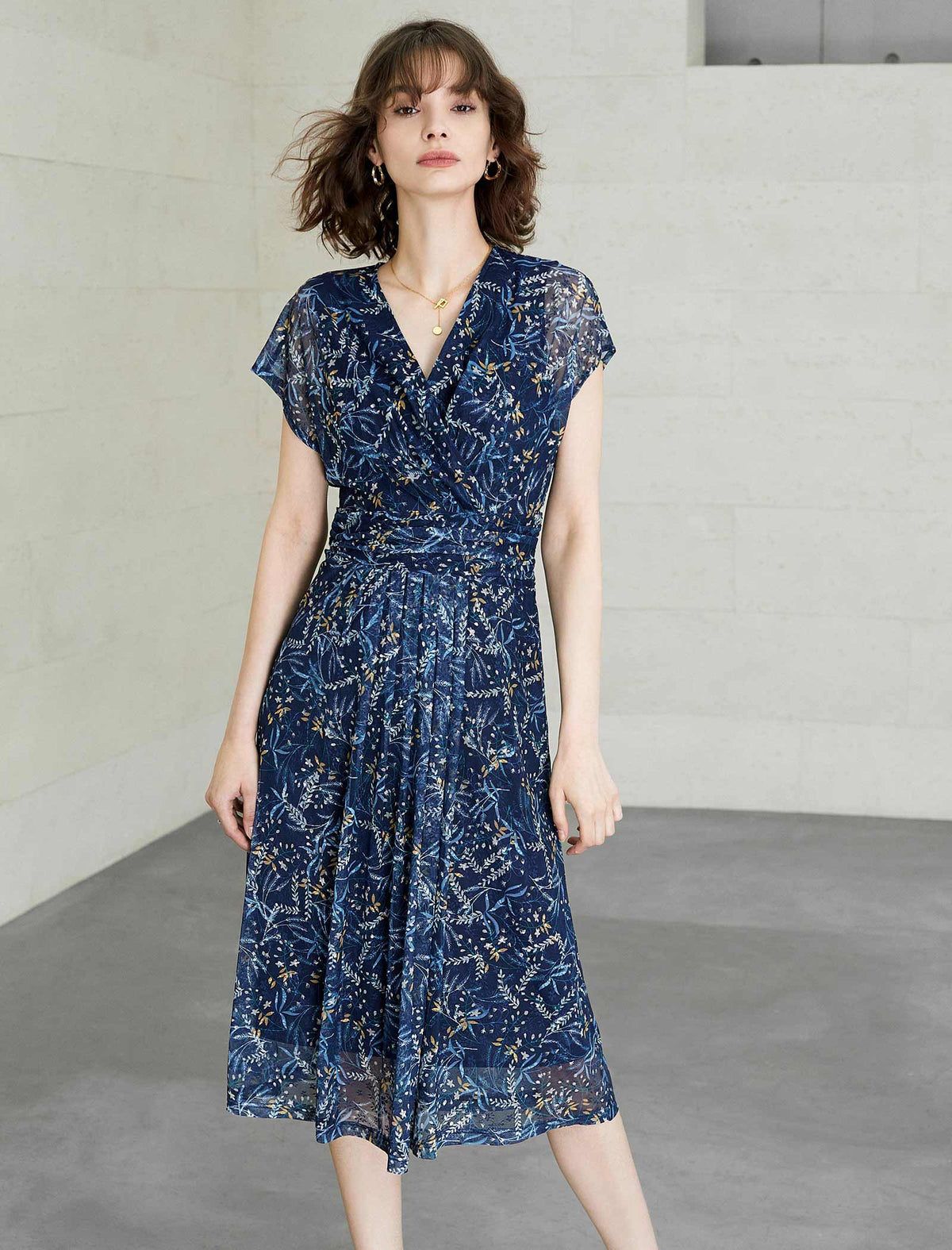 V-Neck Floral Waist-Cinched Dress