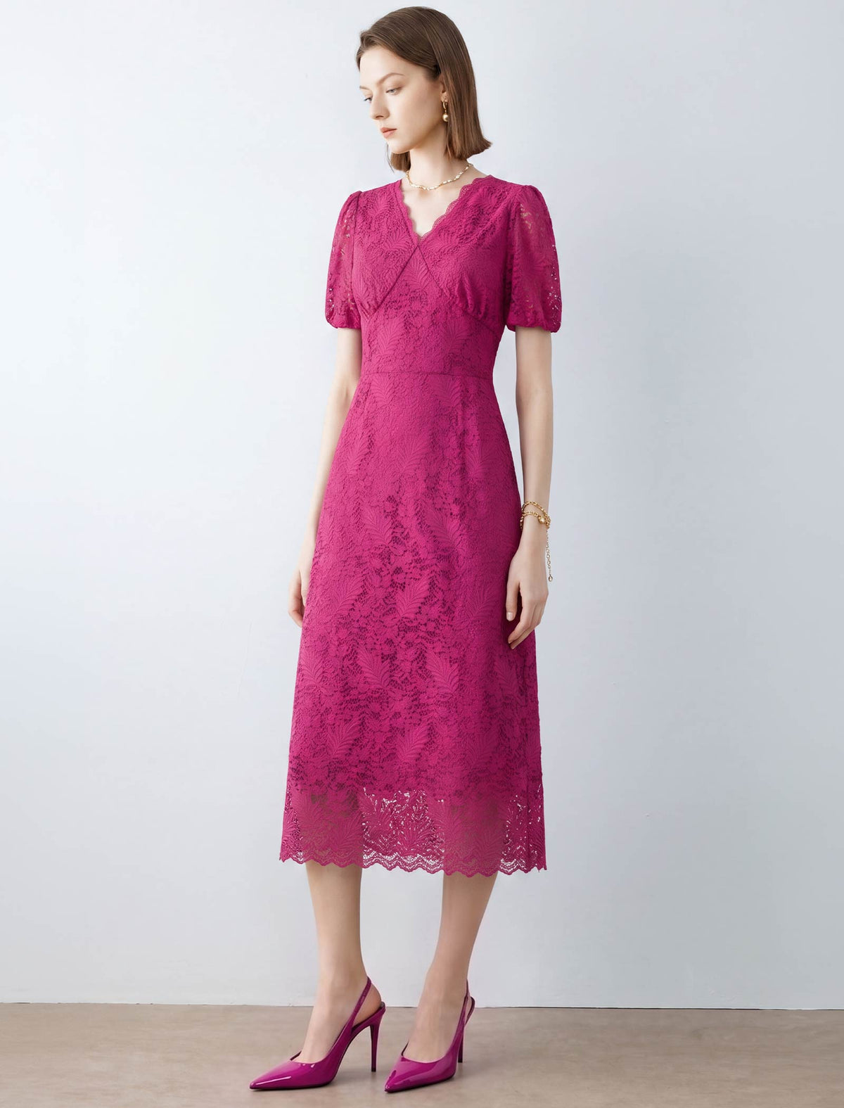 Lace Floral V-Neck Puff Sleeve Midi Dress