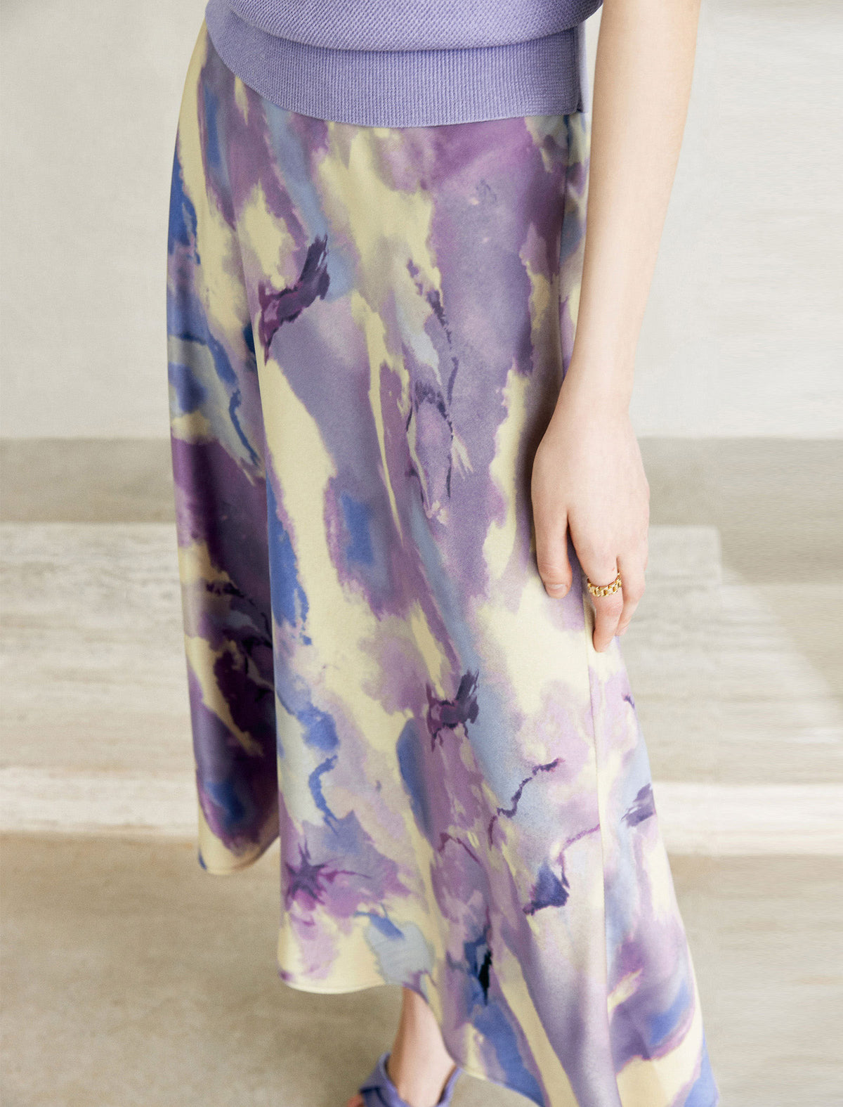 Watercolor Print Satin Midi Skirt