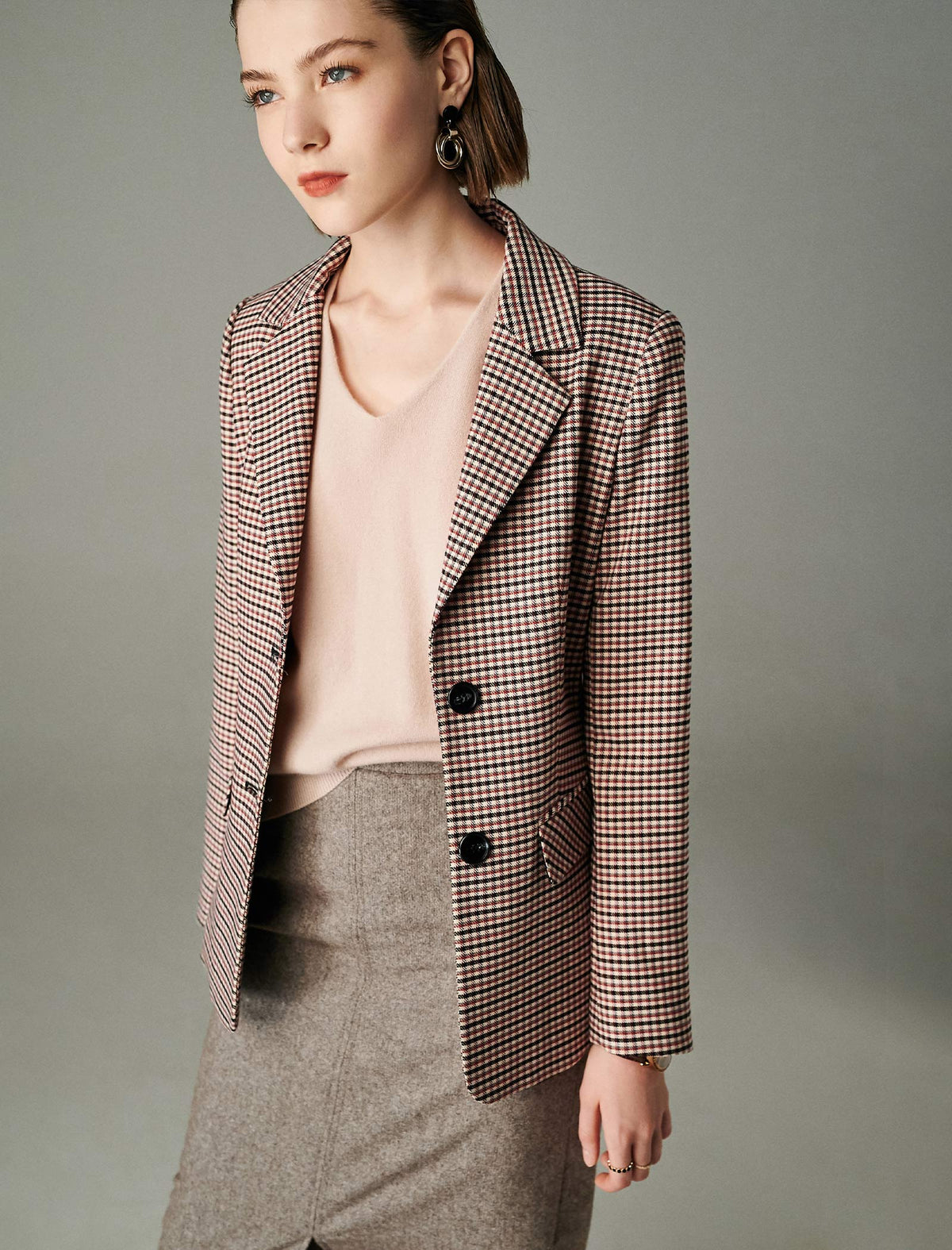 Plaid Button-Front Fitted Blazer