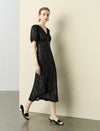 Black Lace Puff Sleeve Midi Dress