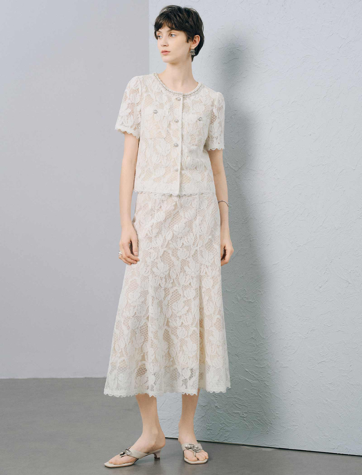 Ivory Floral Lace Midi A-Line Skirt