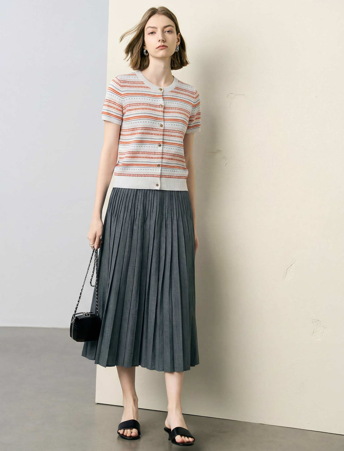 Striped Short-Sleeve Knit Cardigan