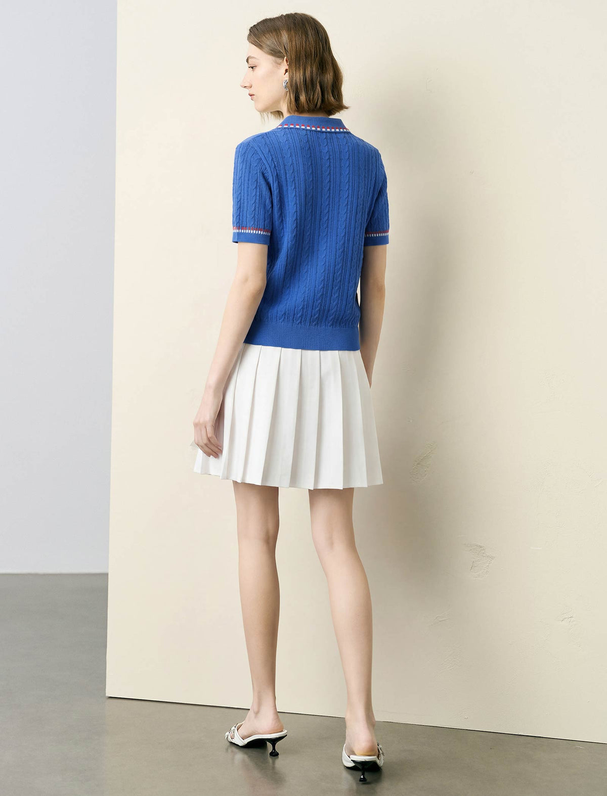 Bright Blue Cable Knit Short Sleeve Polo Top