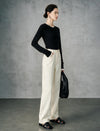 Wool Blend Contrast Trim Crewneck Fitted Long Sleeve Top