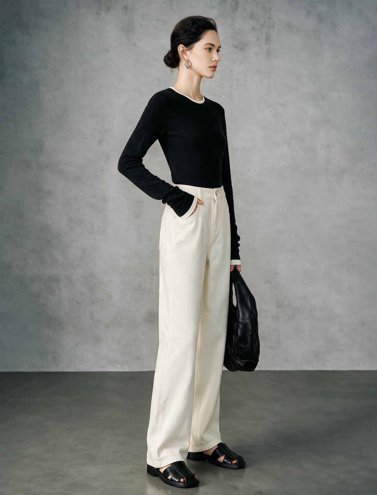 Wool Blend Contrast Trim Crewneck Fitted Long Sleeve Top
