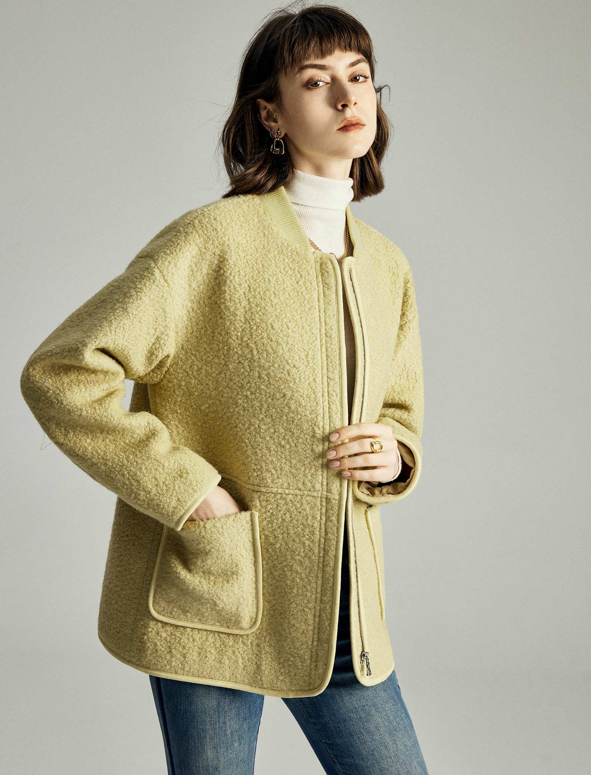 Wool-Blend Pocket Detail Bomber Jacket