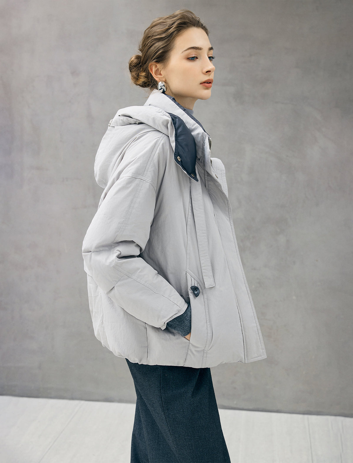 Detachable-Hood Stand-Collar Zip-Front Cropped Puffer Jacket