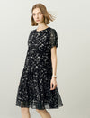Chiffon Butterfly Print Puff Sleeve Midi Dress