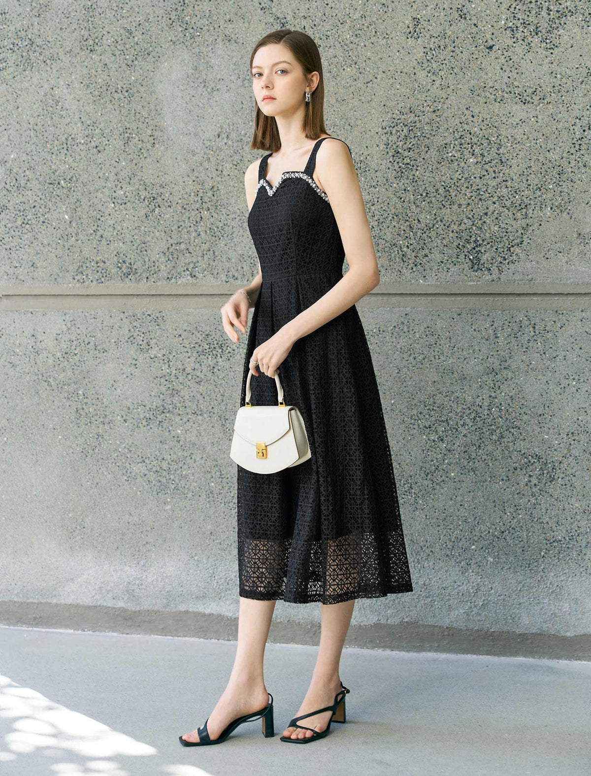 Embellished Trim Black Lace Midi Dress