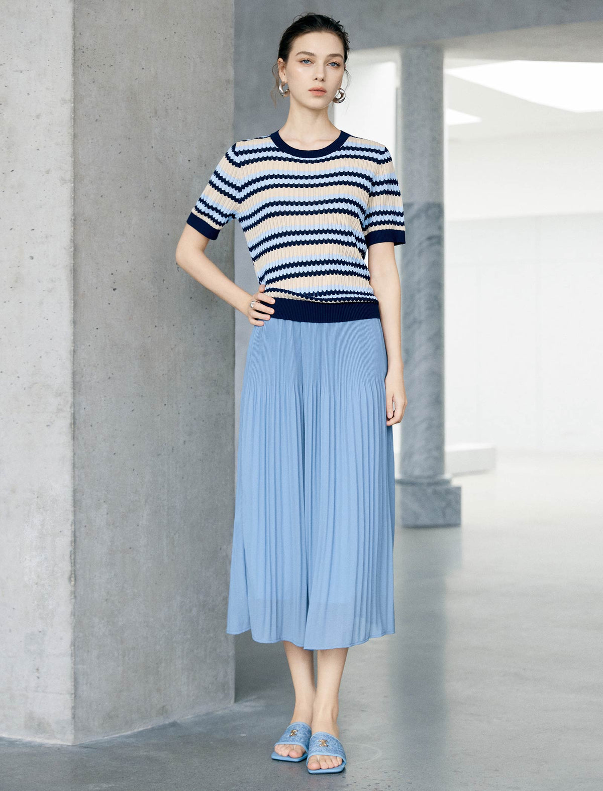 Tencel Striped Short-Sleeve Knit Top