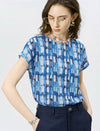 Mulberry Silk Blue Watercolor Geometric Print Cap Sleeve Blouse