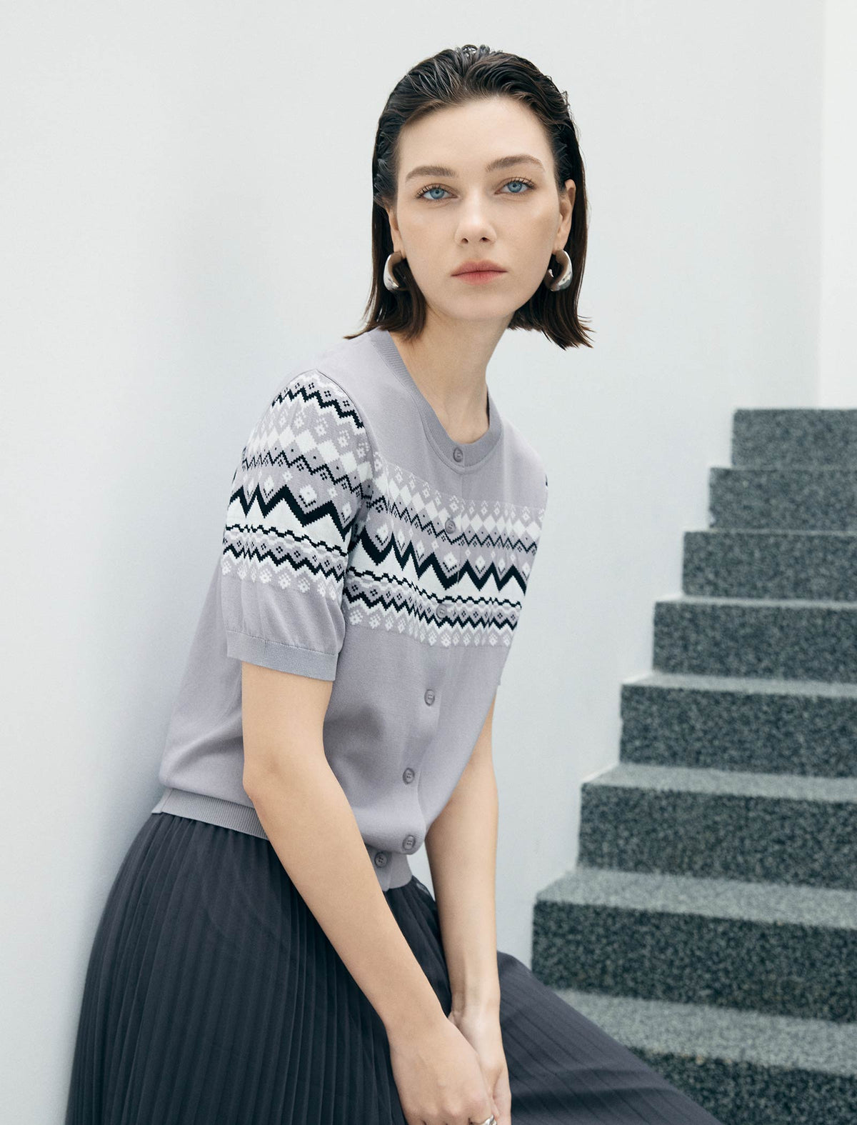 Fair Isle Pattern Short Sleeve Knit Cardigan
