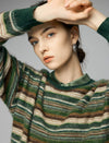 Wool and Mulberry Silk Blend Striped Crewneck Relaxed Sweater