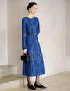 Abstract Stripe Belted Long Sleeve Midi Dress