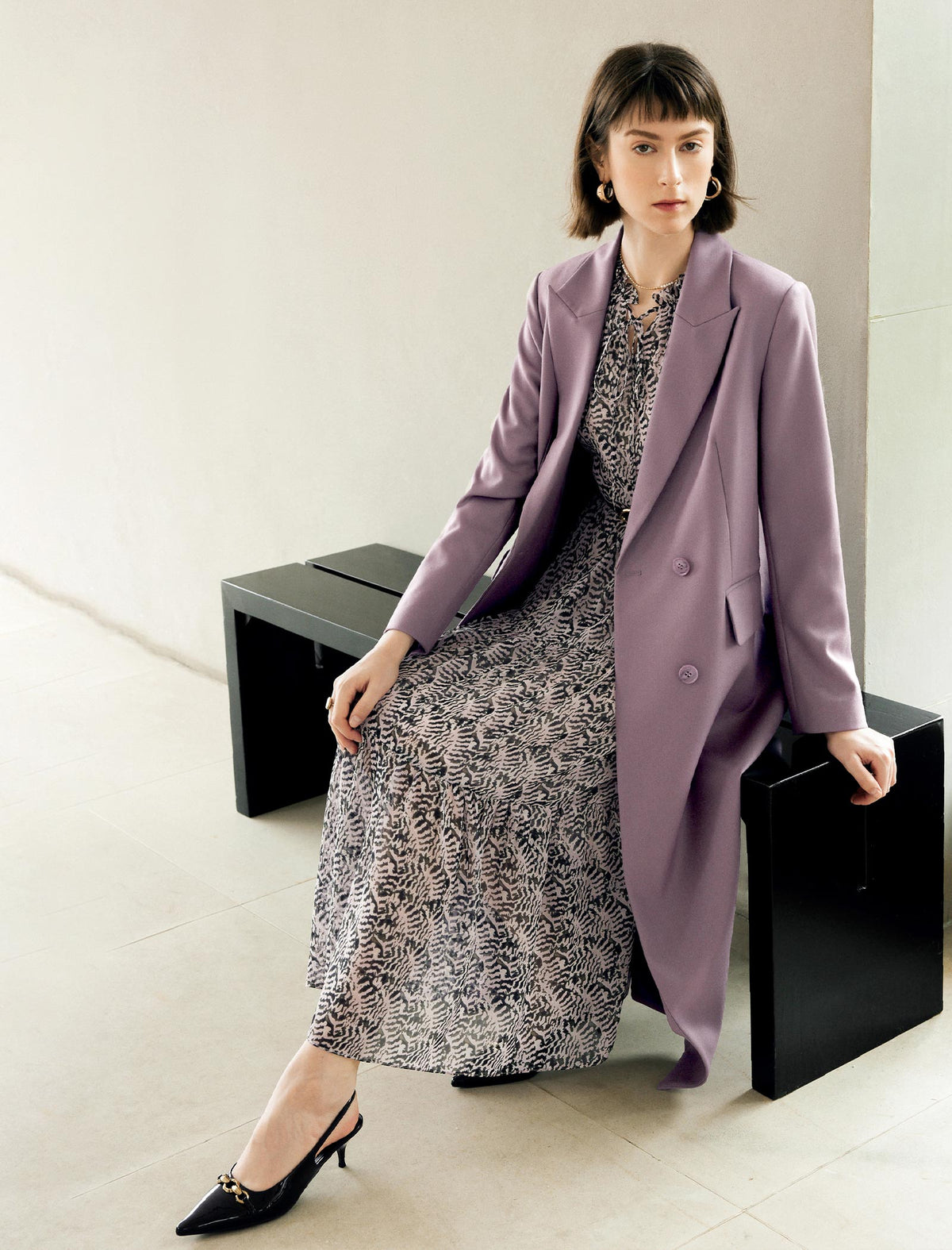 Double Breasted Long Coat with Notched Lapels