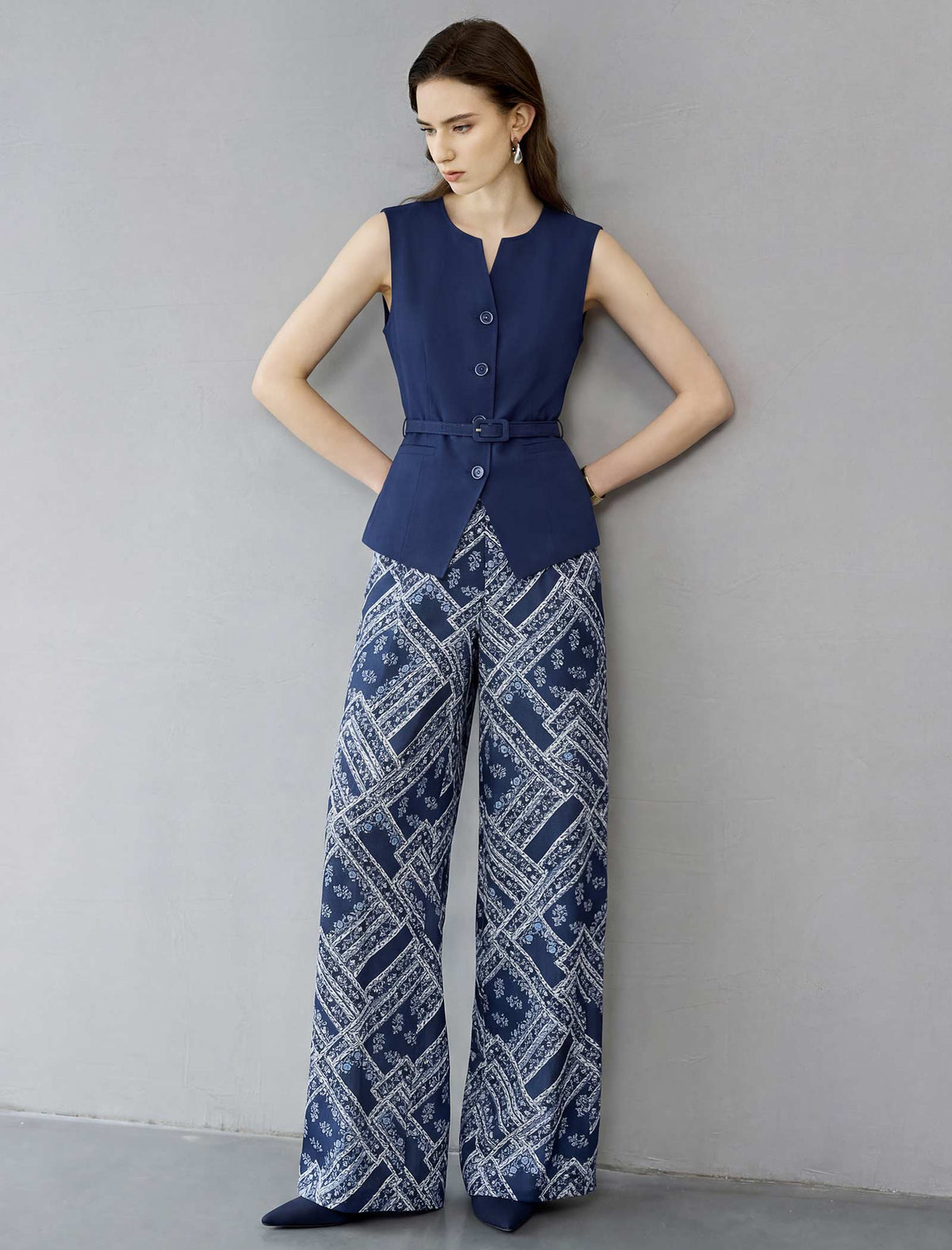 Vintage Geometric Print Wide Leg Trousers