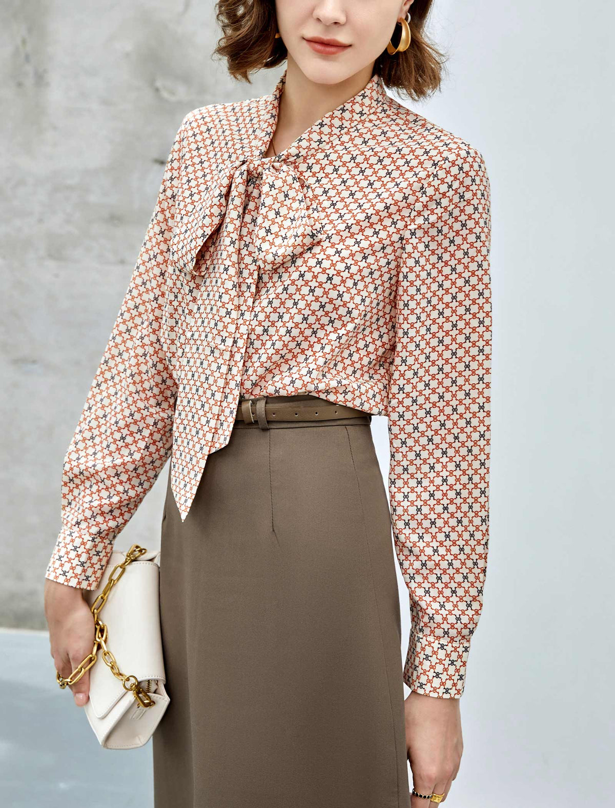 Grid Print Tie Neck Blouse