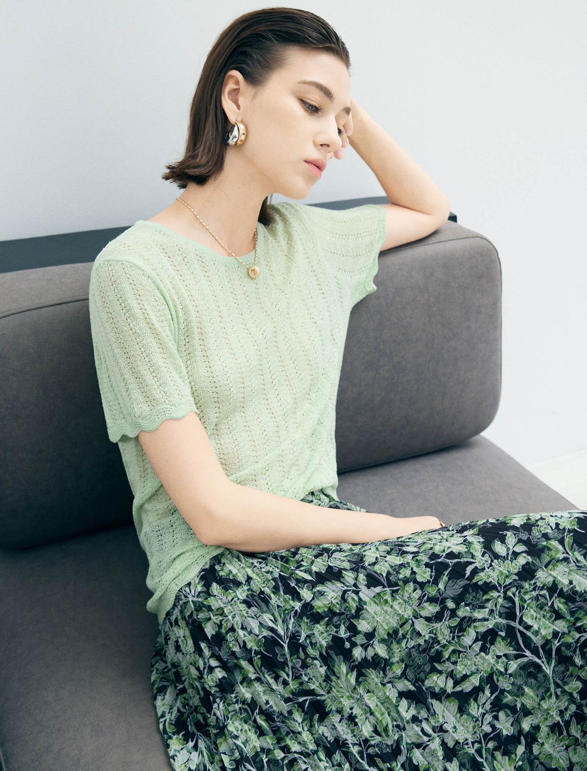 Mint Green Open Knit Scallop Short Sleeve Knit Top