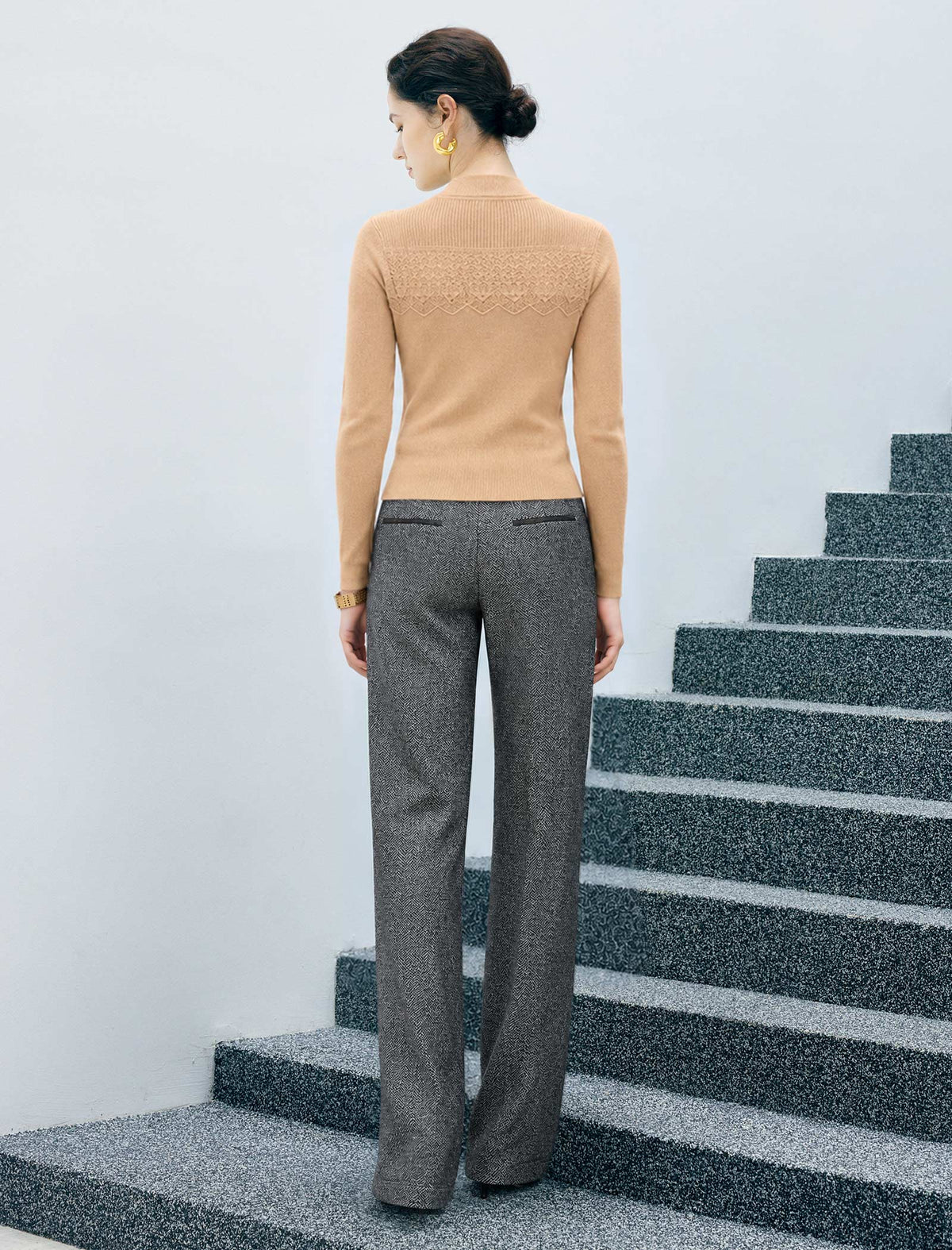 Wool Blend Herringbone Pocket Straight-Fit Straight-Leg Pants