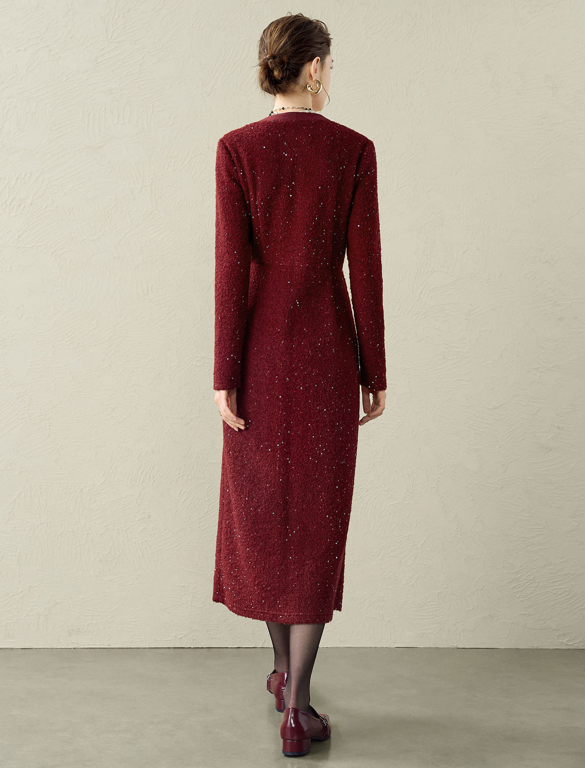 Sparkle Wool Blend V-Neck Button-Front Midi Dress