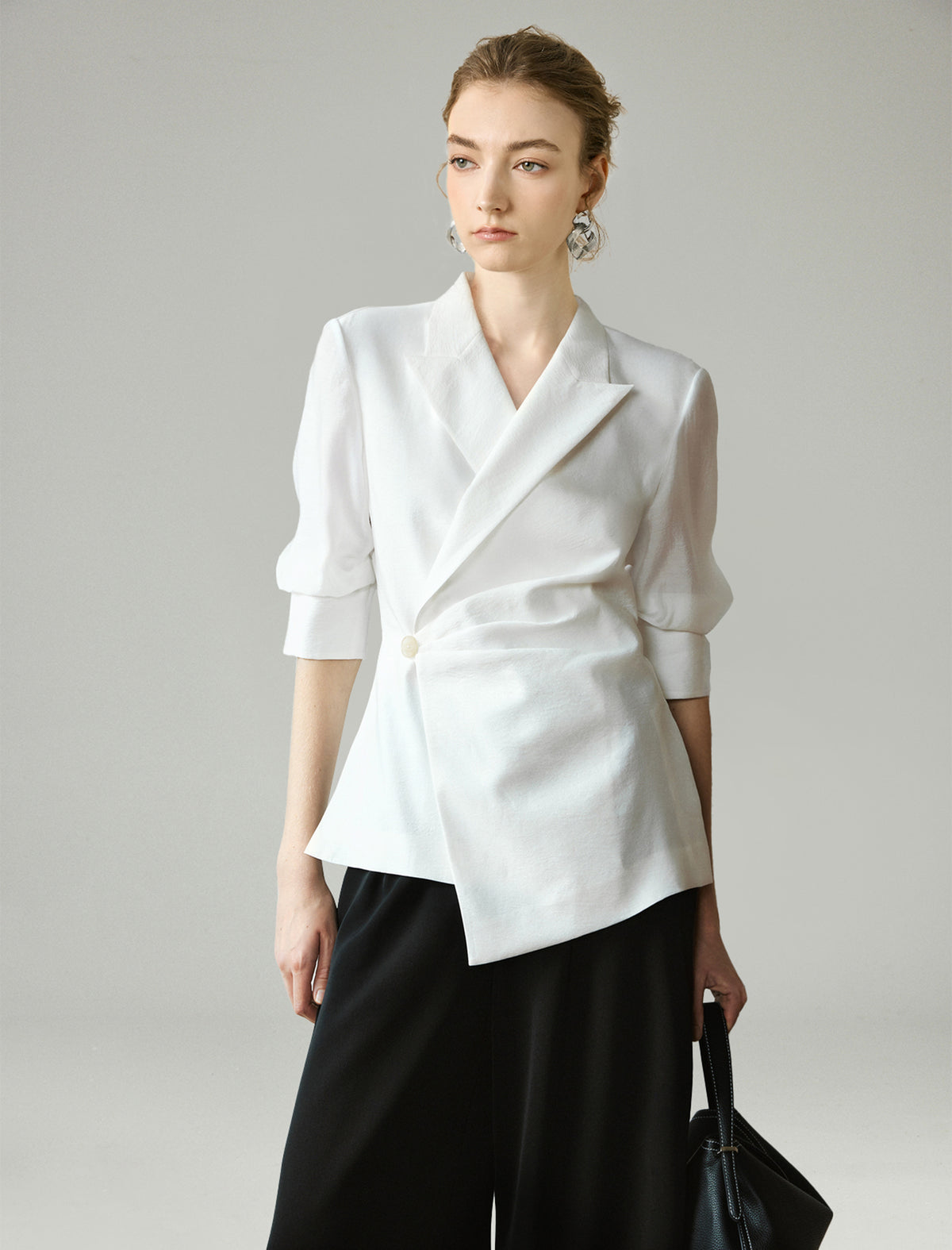 Tencel Blend Asymmetric Wrap Cinched Waist Blazer
