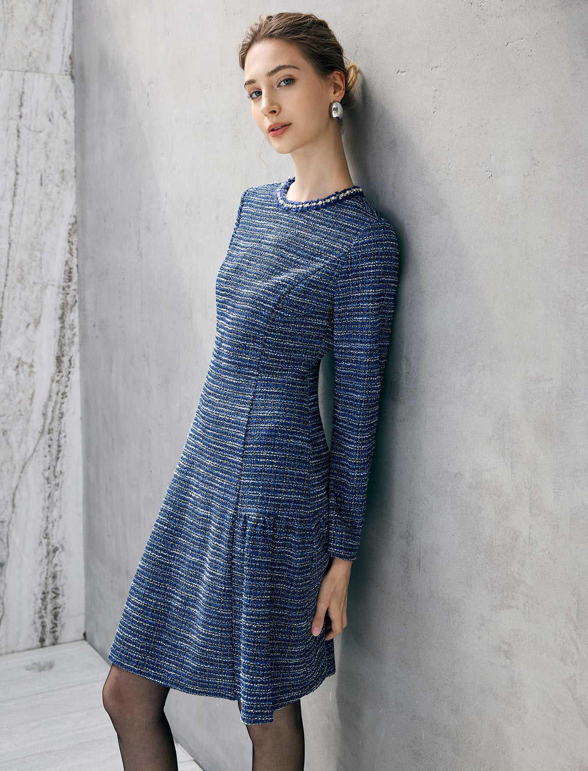 Braided-Trim Crewneck Long Sleeve A-Line Pocket Dress