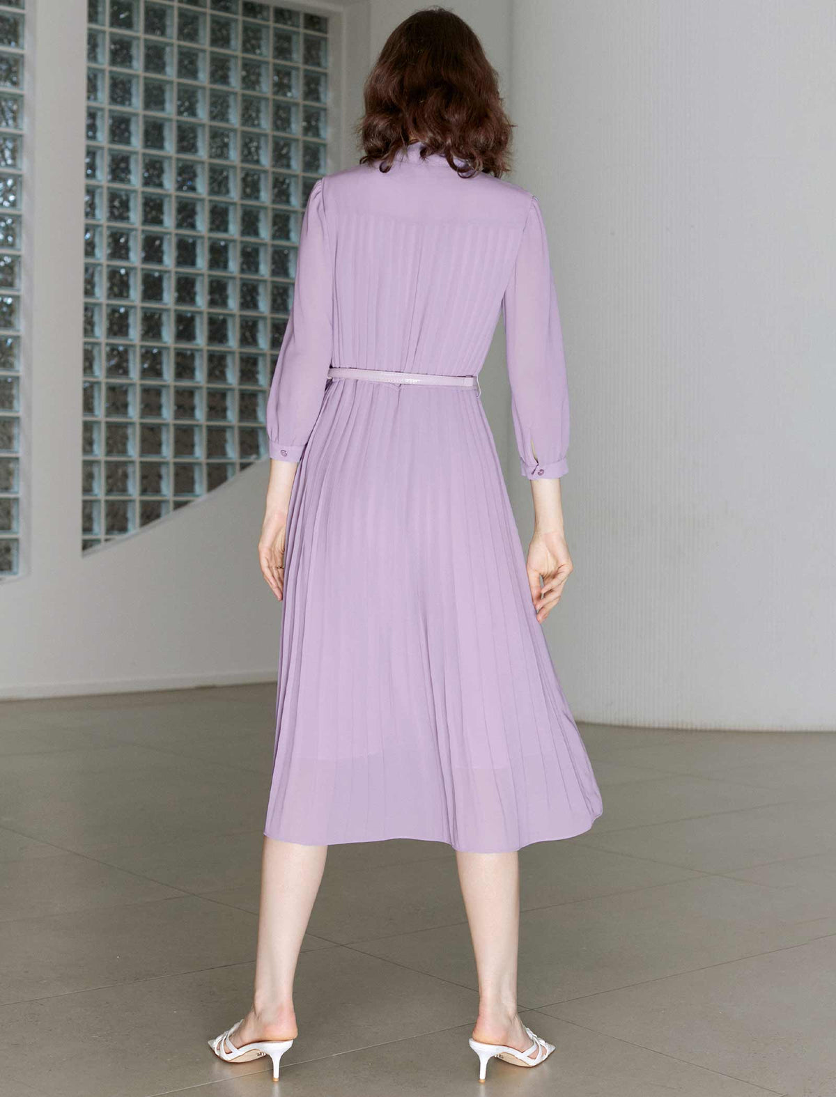Lavender Pleated Tie Neck Midi Dress
