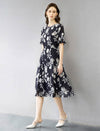Black Base White Floral Silk Midi Dress