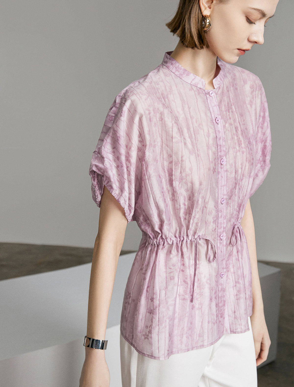 Textured Floral Drawstring Waist Top