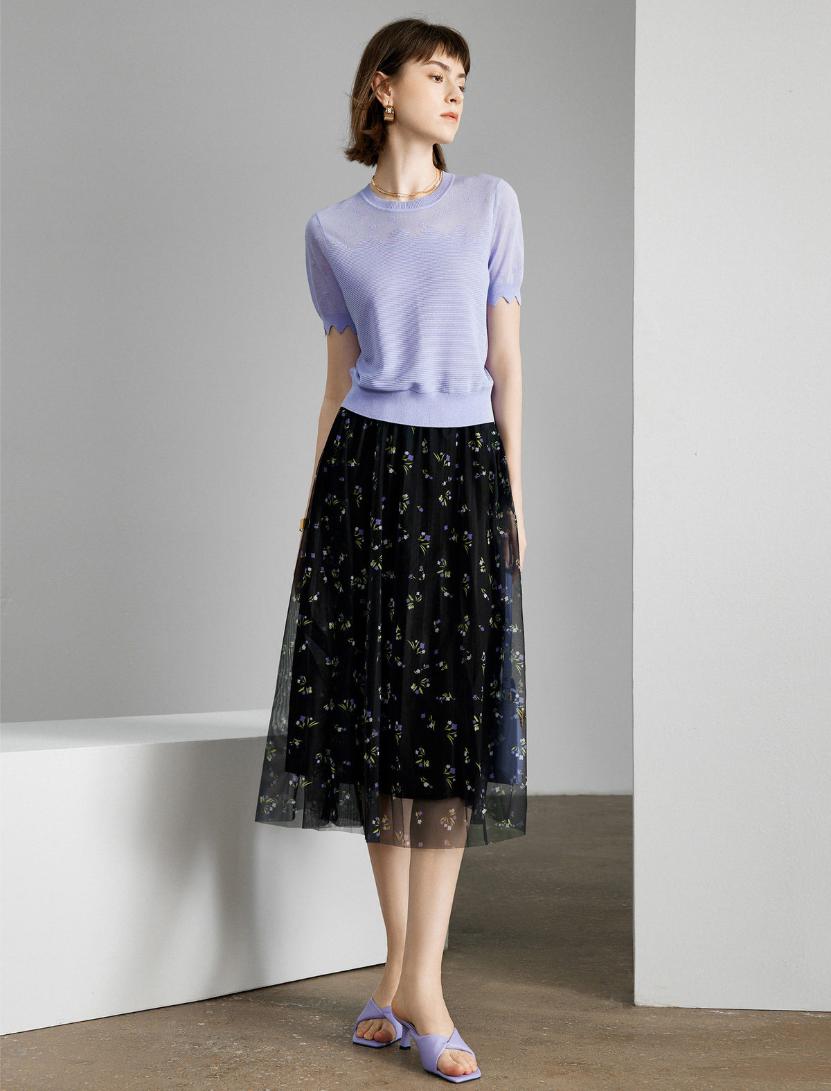 Black Mesh Floral Midi Skirt