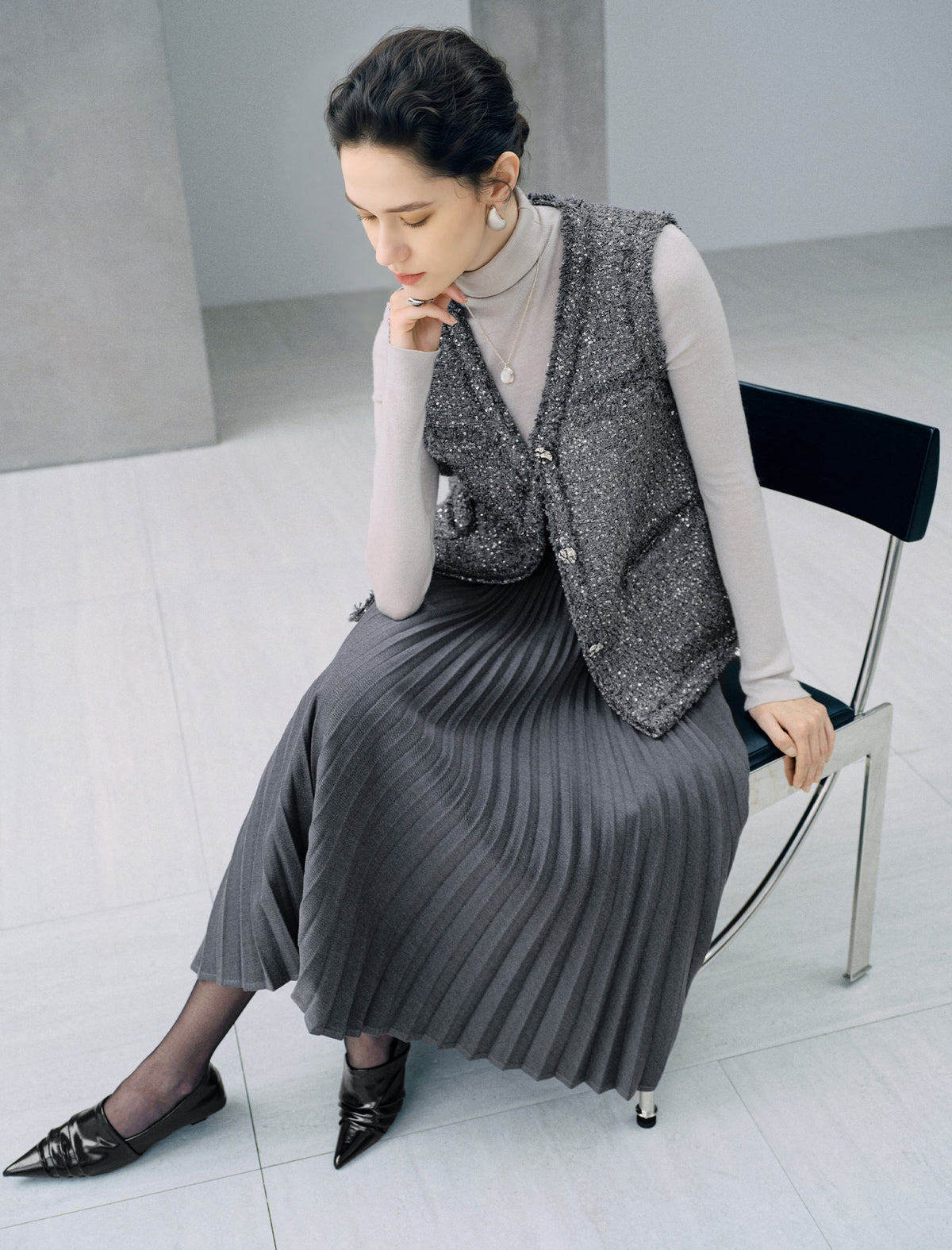 Pleated A Line Midi Skirt
