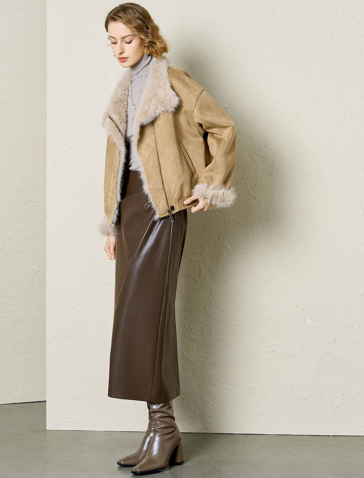 Faux Suede Fur Trim Cropped Jacket