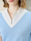 Contrast‑Trim Polo Rib‑Knit Short‑Sleeve Top