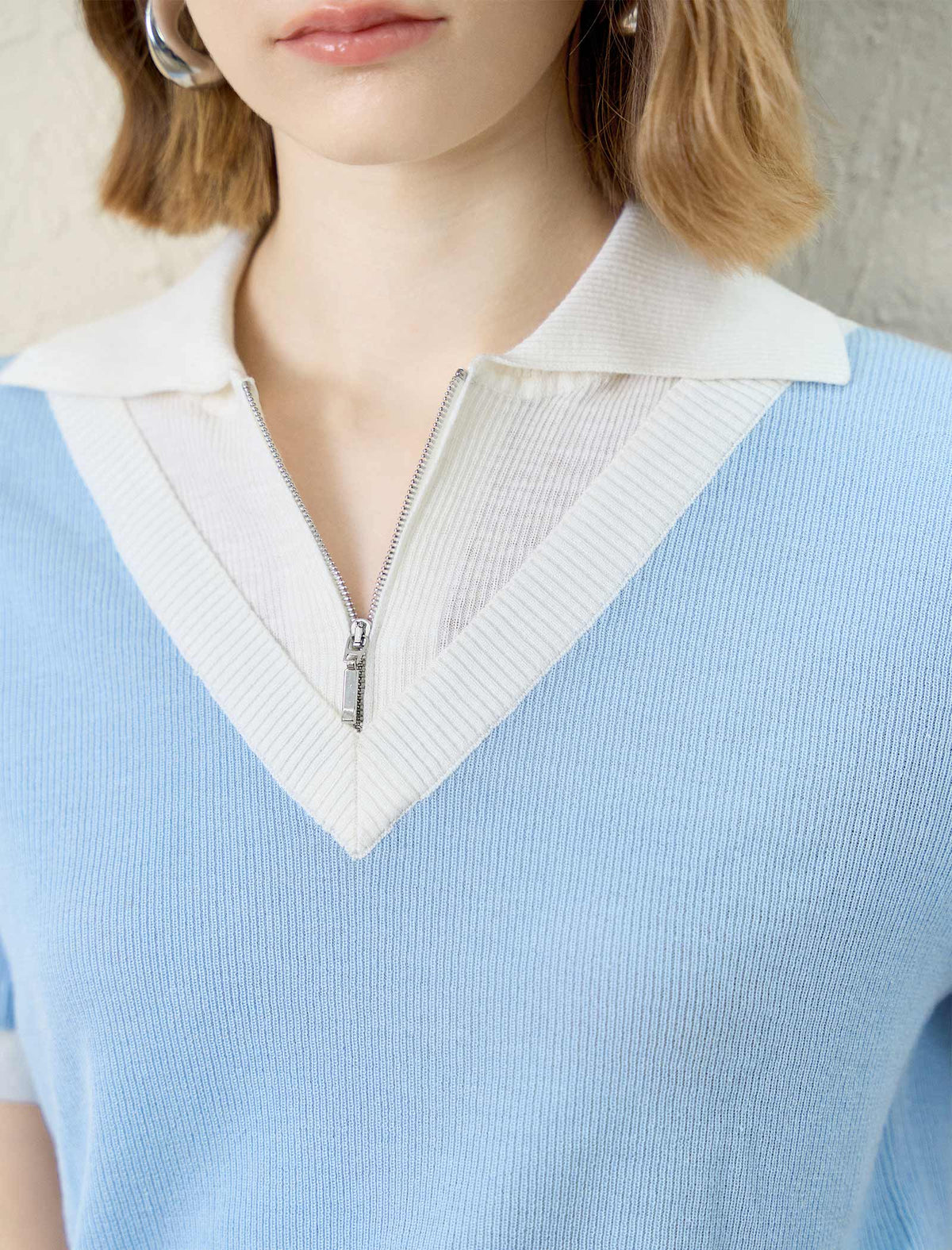 Contrast‑Trim Polo Rib‑Knit Short‑Sleeve Top