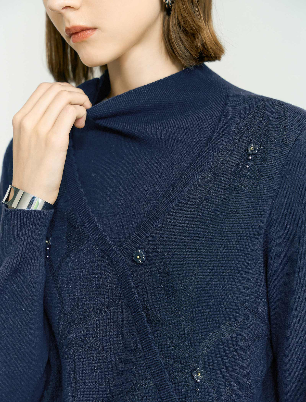 Wool Blend Mock Neck Jacquard Knit Sweater