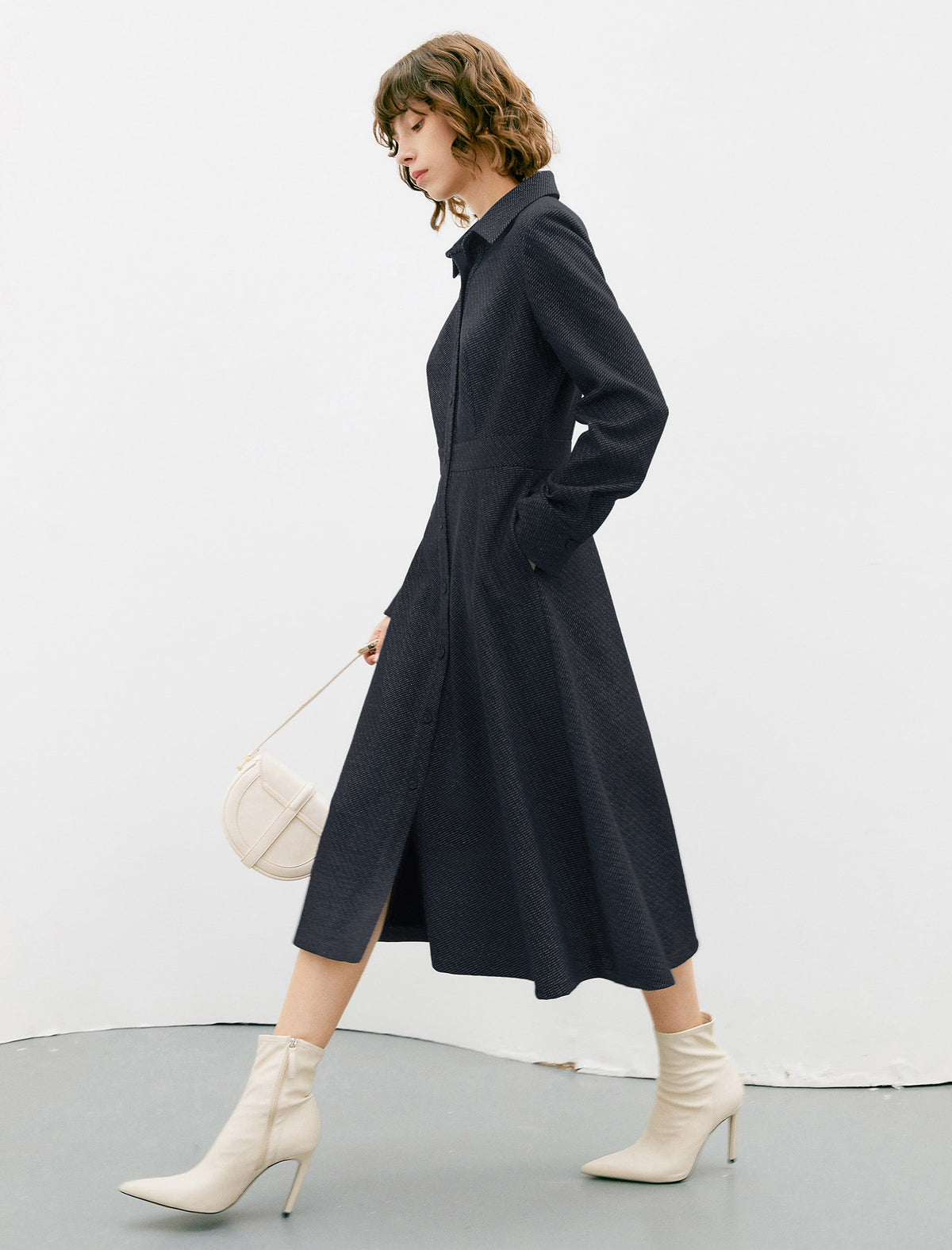 Solid Long Sleeve Pocket A-Line Dress