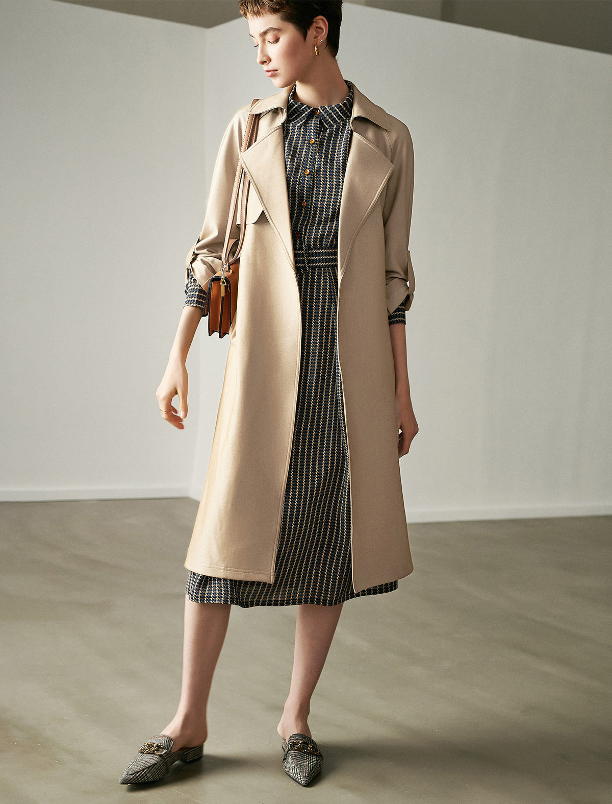 Textured Collared Button-Front Belted Trench Coat