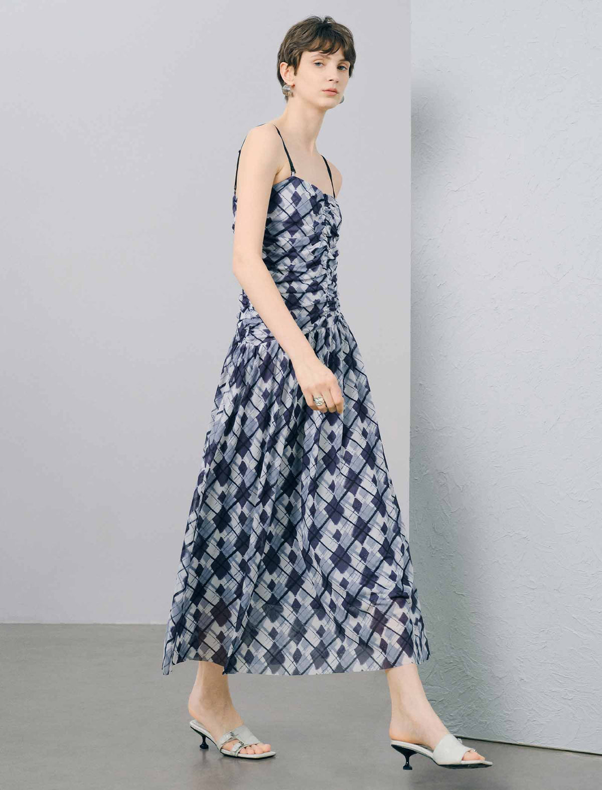 Blue Checked Spaghetti Strap Maxi Dress
