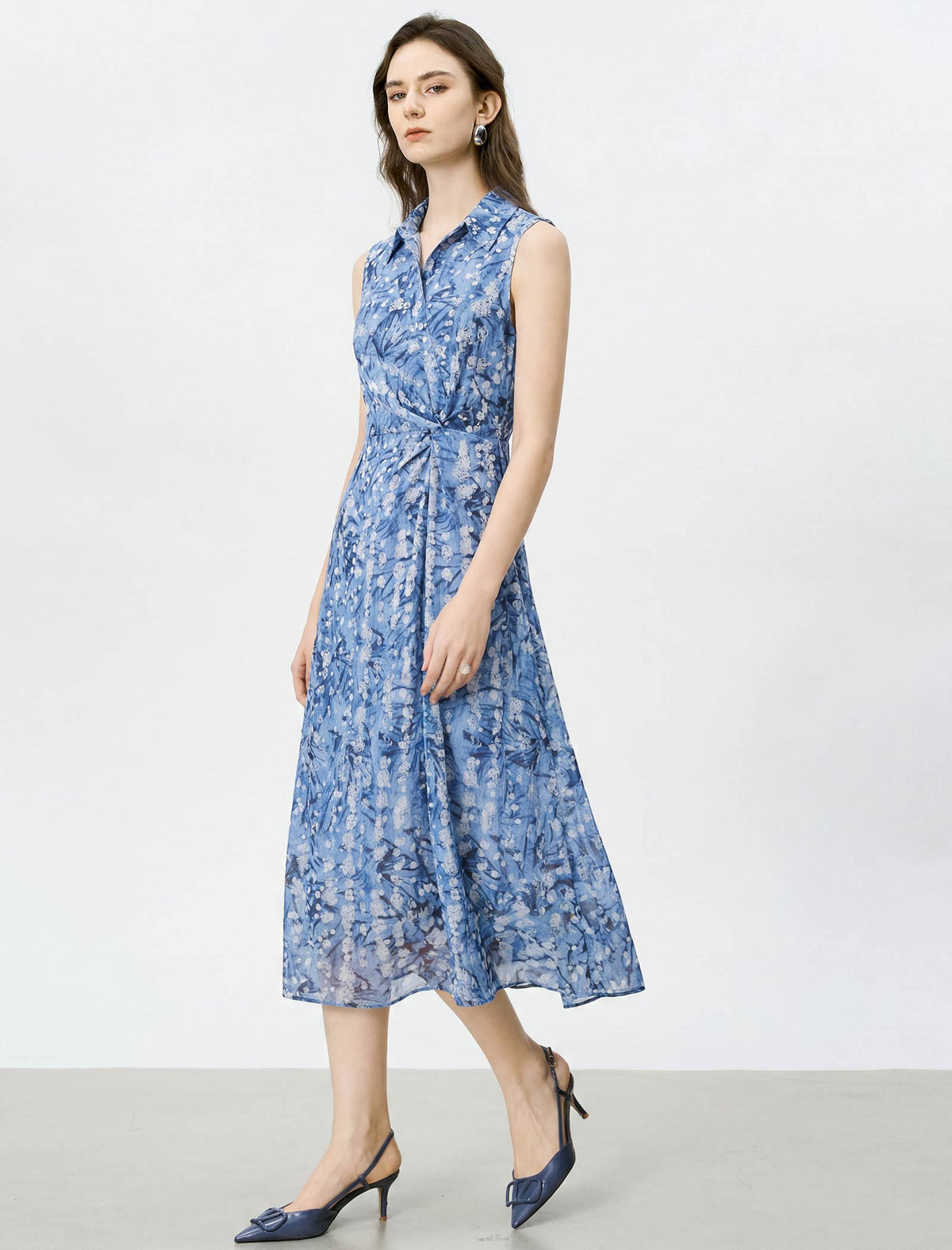 Blue Floral Sleeveless Wrap Midi Dress