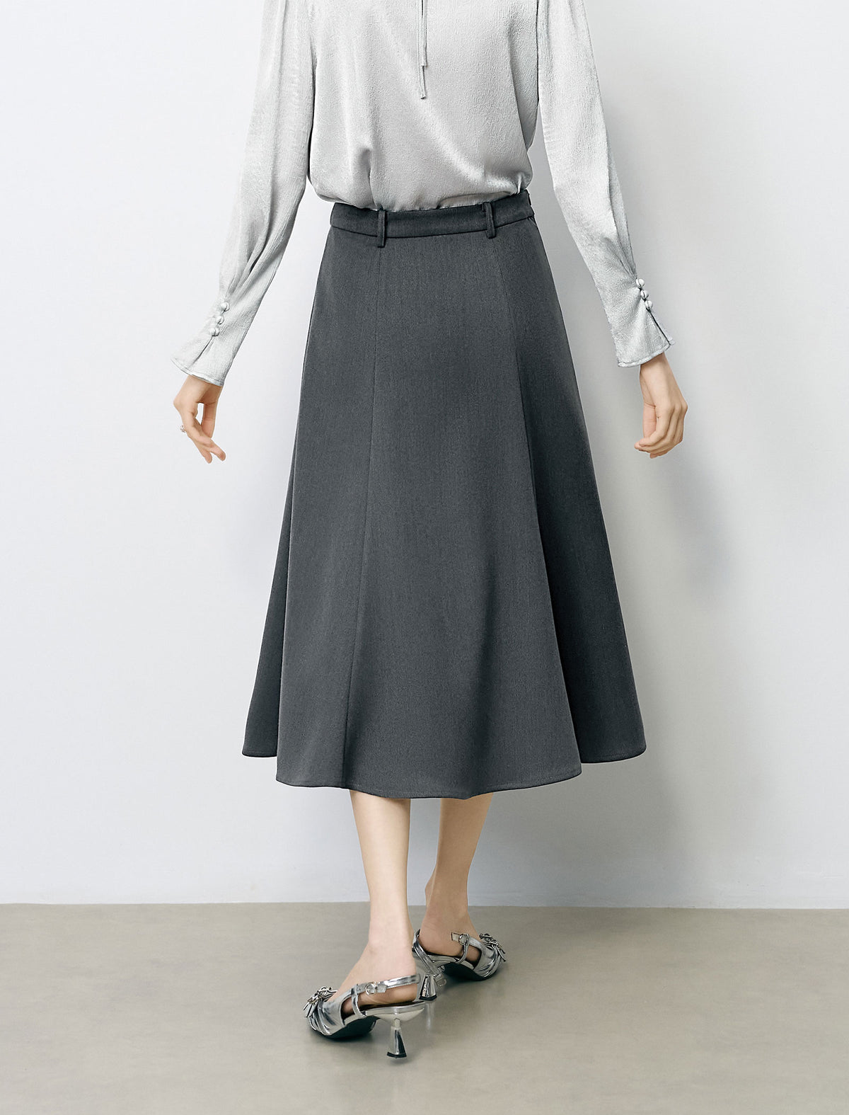 High Waist Grey Flared Midi A-Line Skirt
