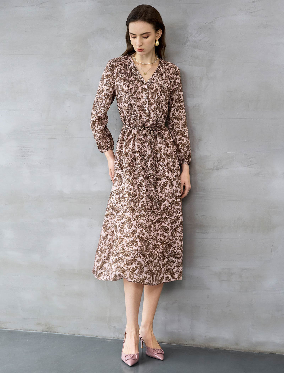 Dusty Pink Paisley Print Tie-Waist Midi Dress