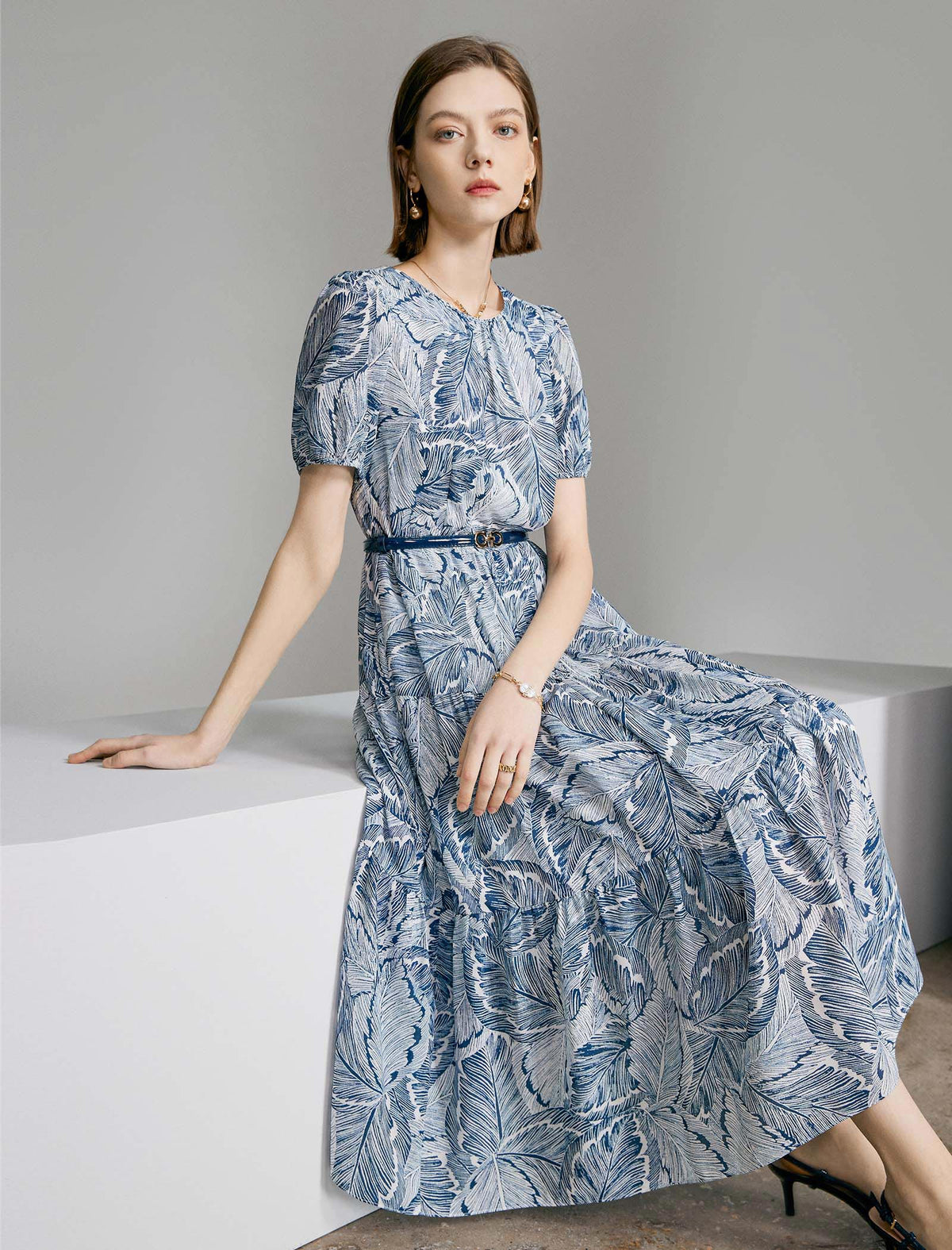 Leaf Print Puff Sleeve Midi Dress