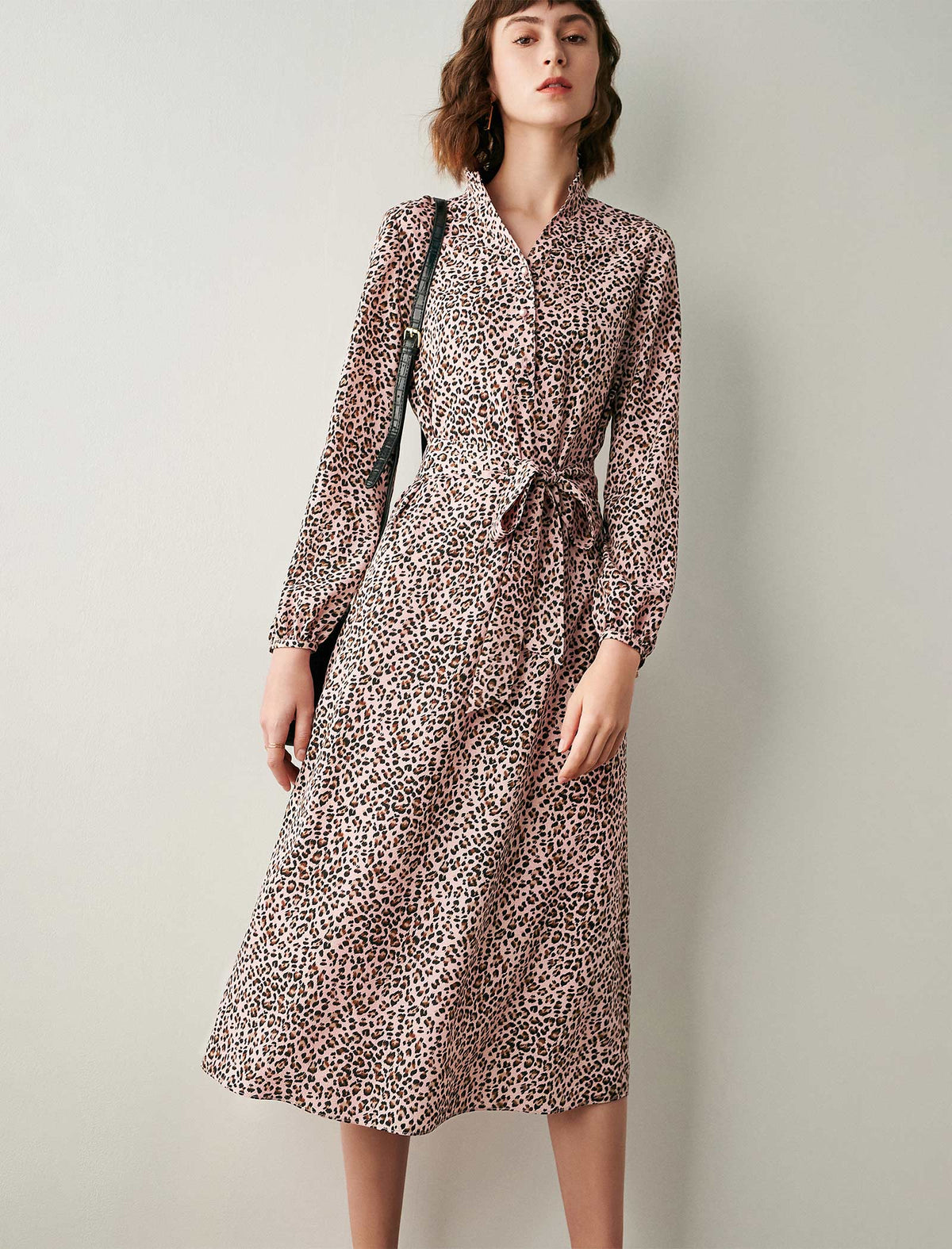 Leopard Print Long Sleeve Belted Fitted Dress
