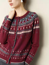 Burgundy Fair Isle Knit Crew Neck Button Front Cardigan
