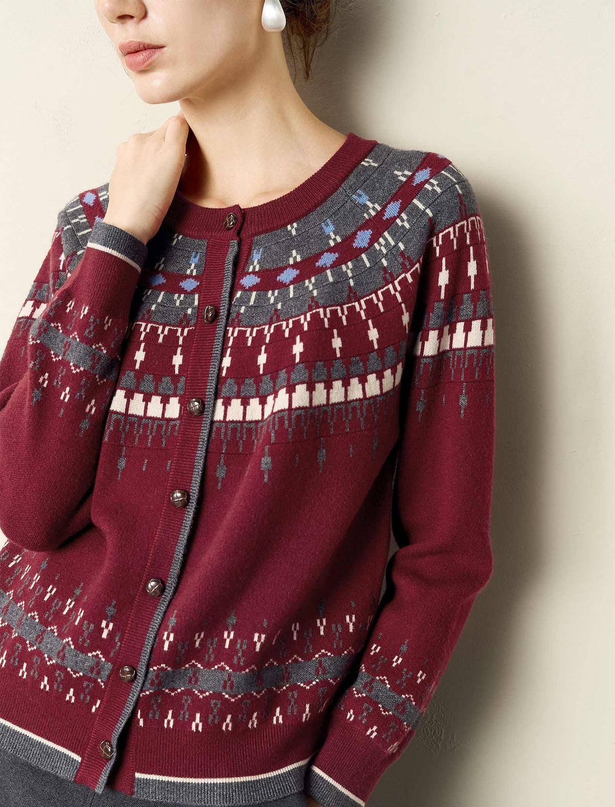 Burgundy Fair Isle Knit Crew Neck Button Front Cardigan
