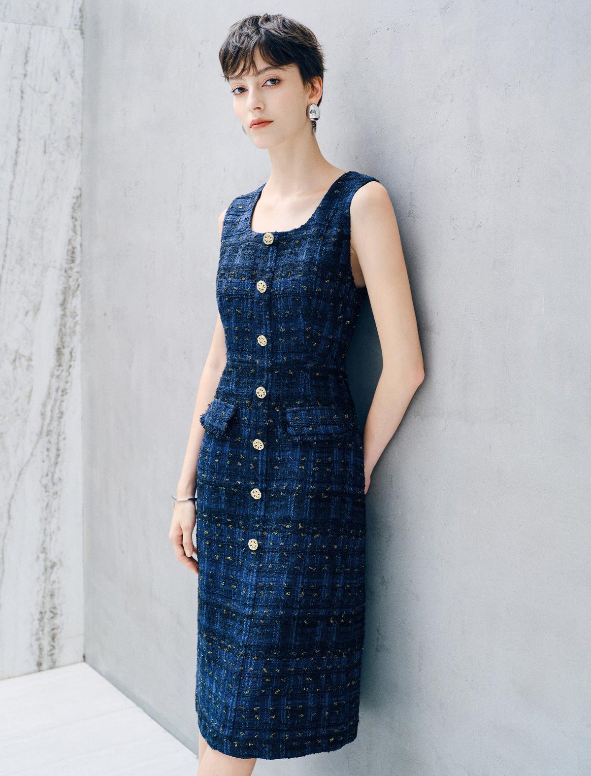 Metallic Thread U-Neck Sleeveless Shift Dress