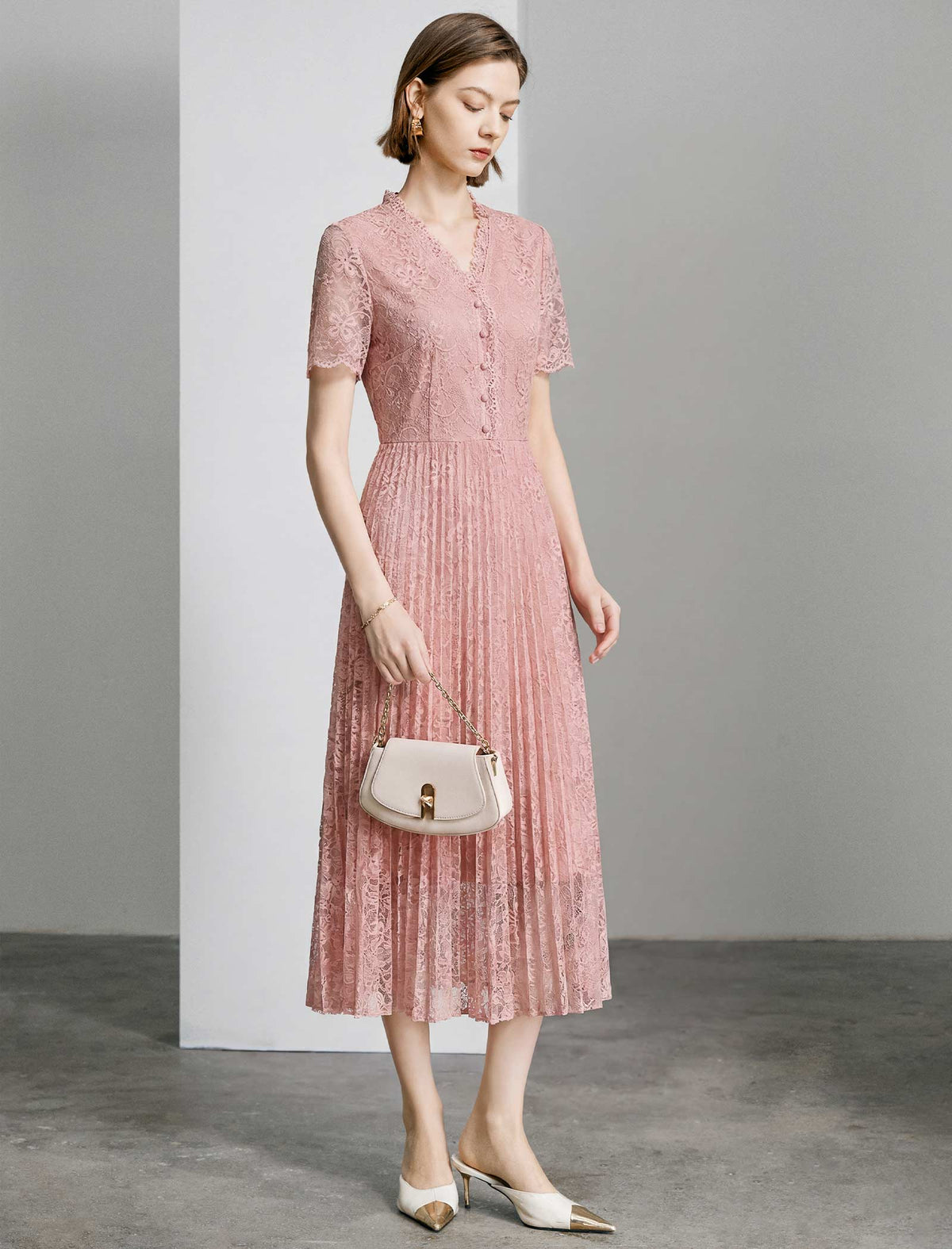 Blush Lace Pleated Midi Dress
