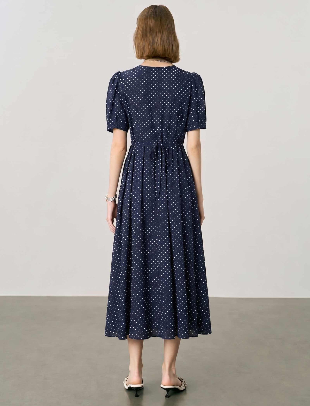 Navy Blue Polka Dot Wrap Midi Dress