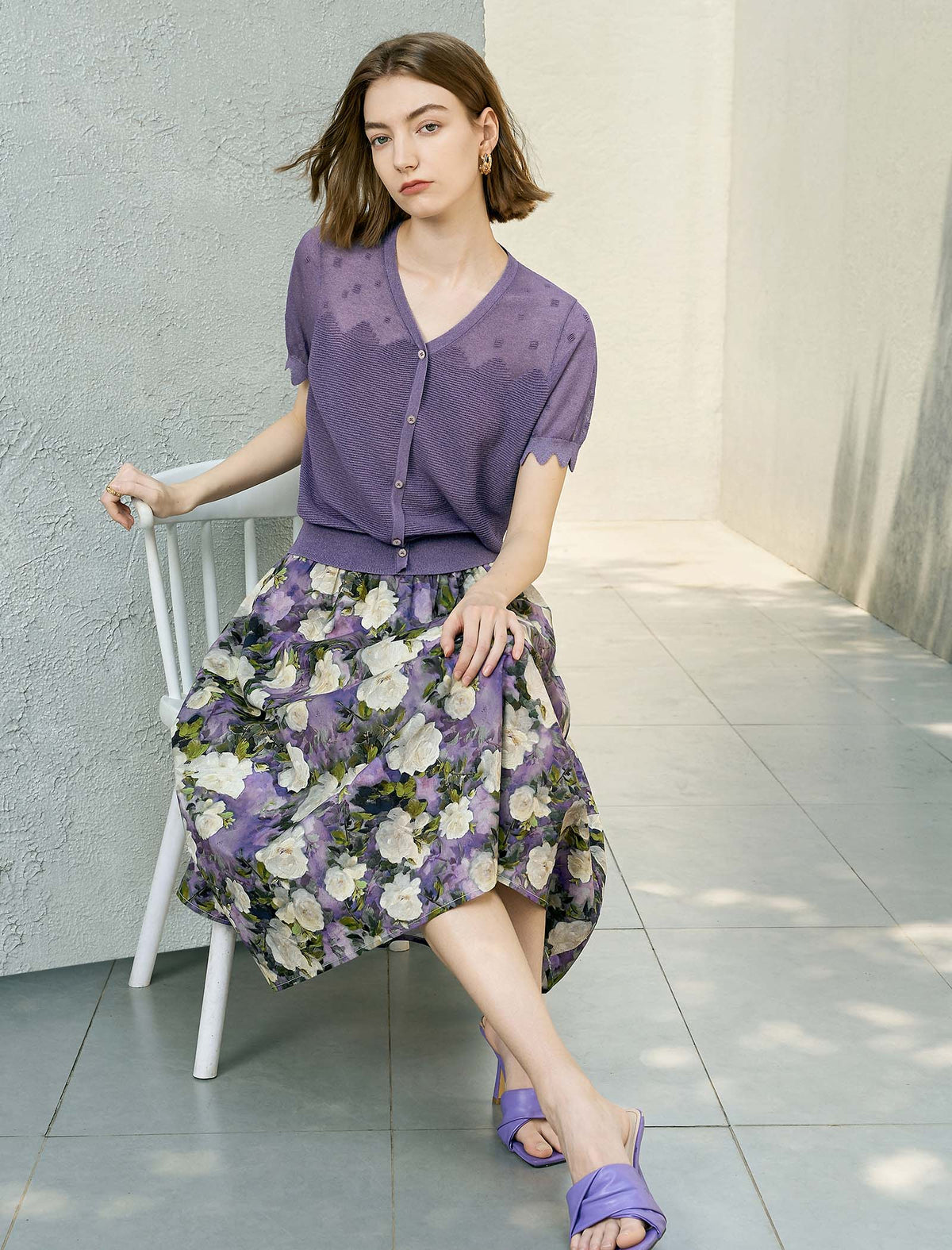 Cotton Purple Floral Print A-Line Midi Skirt